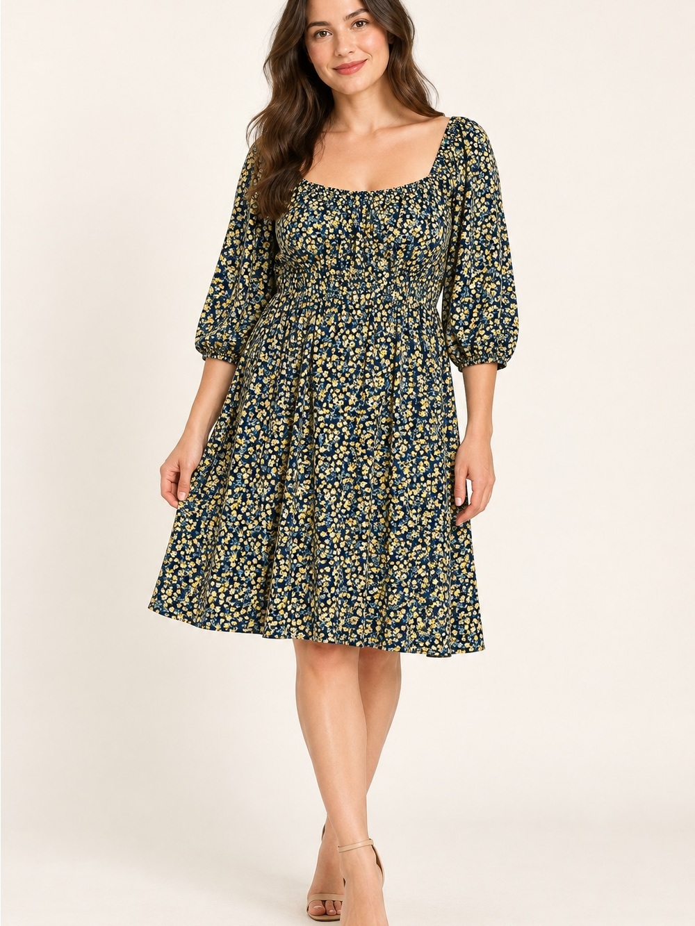 AUW Navy and Yellow Floral Square-Neck Midi Dress
